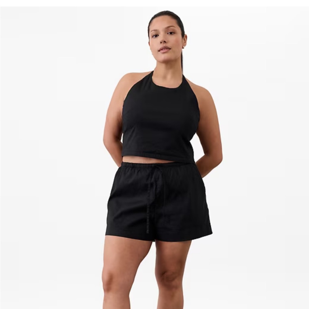 Athleta Paradise Black Linen Blend Halter Top Minimalist‎ Travel Stretch Sz XL